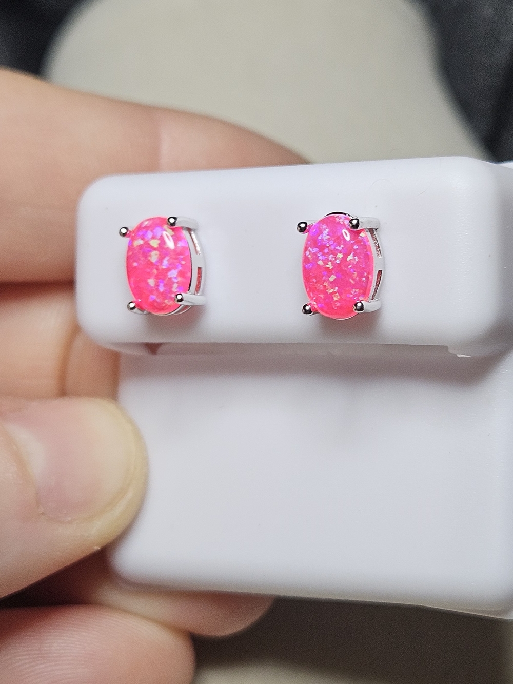 NWT Vibrant Sterling Silver Bright Pink Fire Opal Oval Stud Earrings – 6x8mm